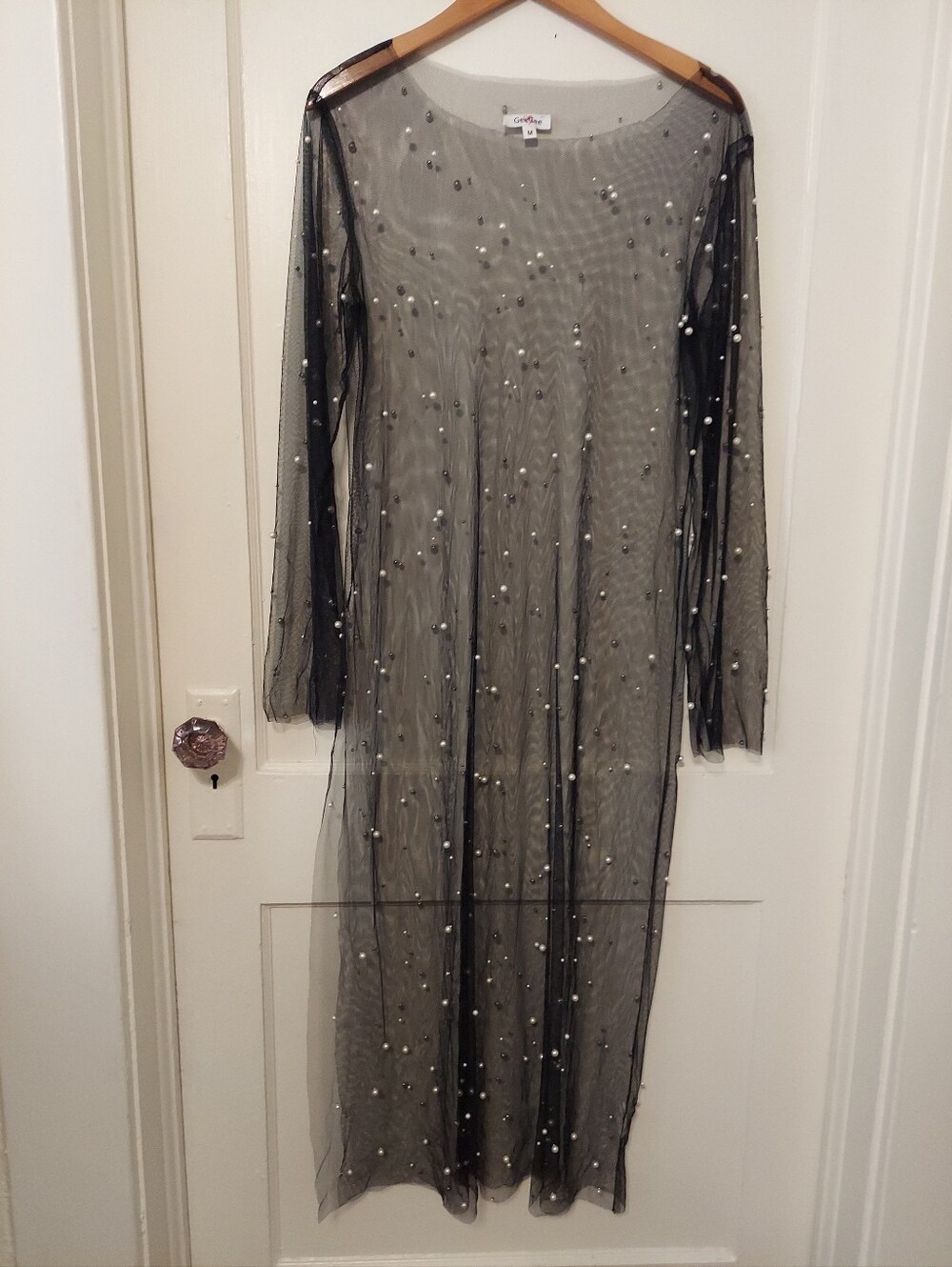 GeeGee Mesh Pearl Black Sheer Long Sleeve Embellished Maxi Dress womens Medium